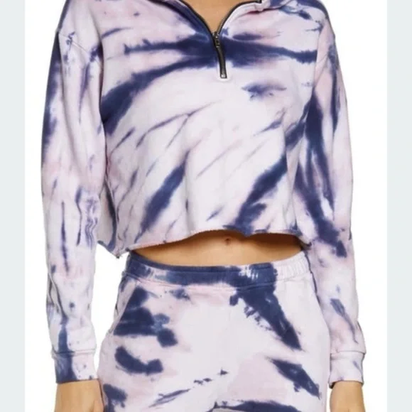 NWT OLI VIV Corey Tie Dye Quarter Zip Crop Hoodie Mauve Navy Cotton Loungewear L - Picture 6 of 15
